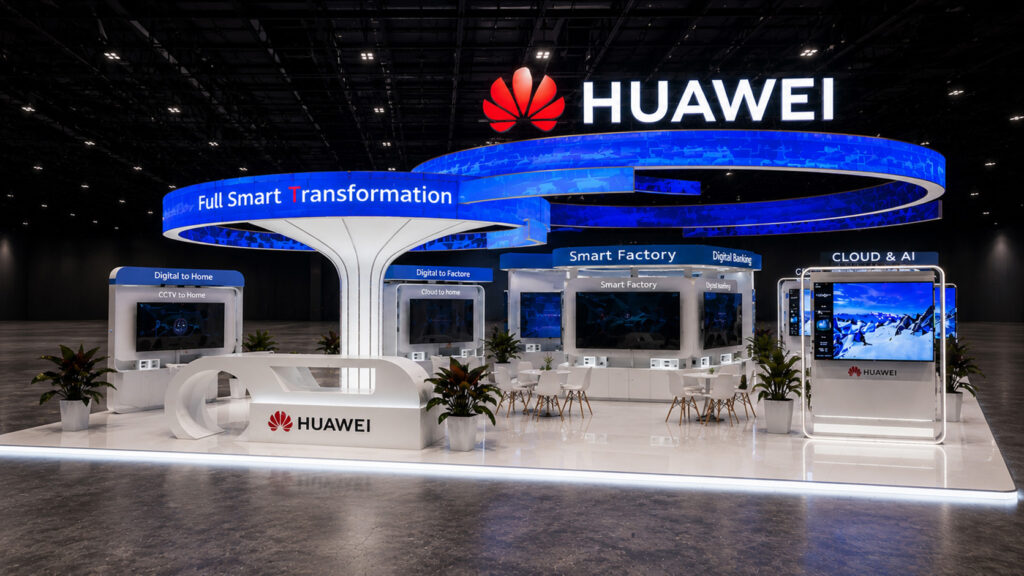 Стенд HUAWEI 2023 с изогнутыми световыми фризами и LED-зонами